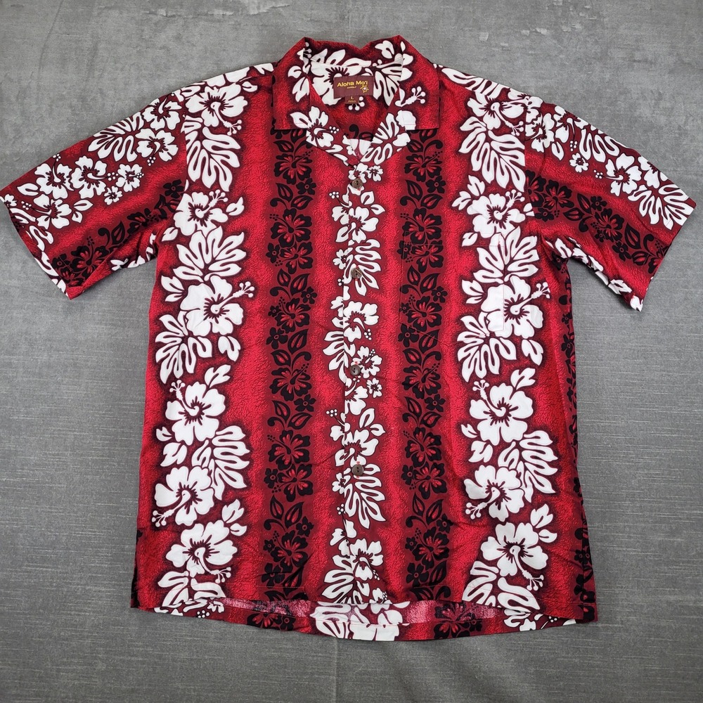 Aloha Moi Vintage Hawaii Mens Red Floral Aloha Shirt Sz Large Button Up Tropical